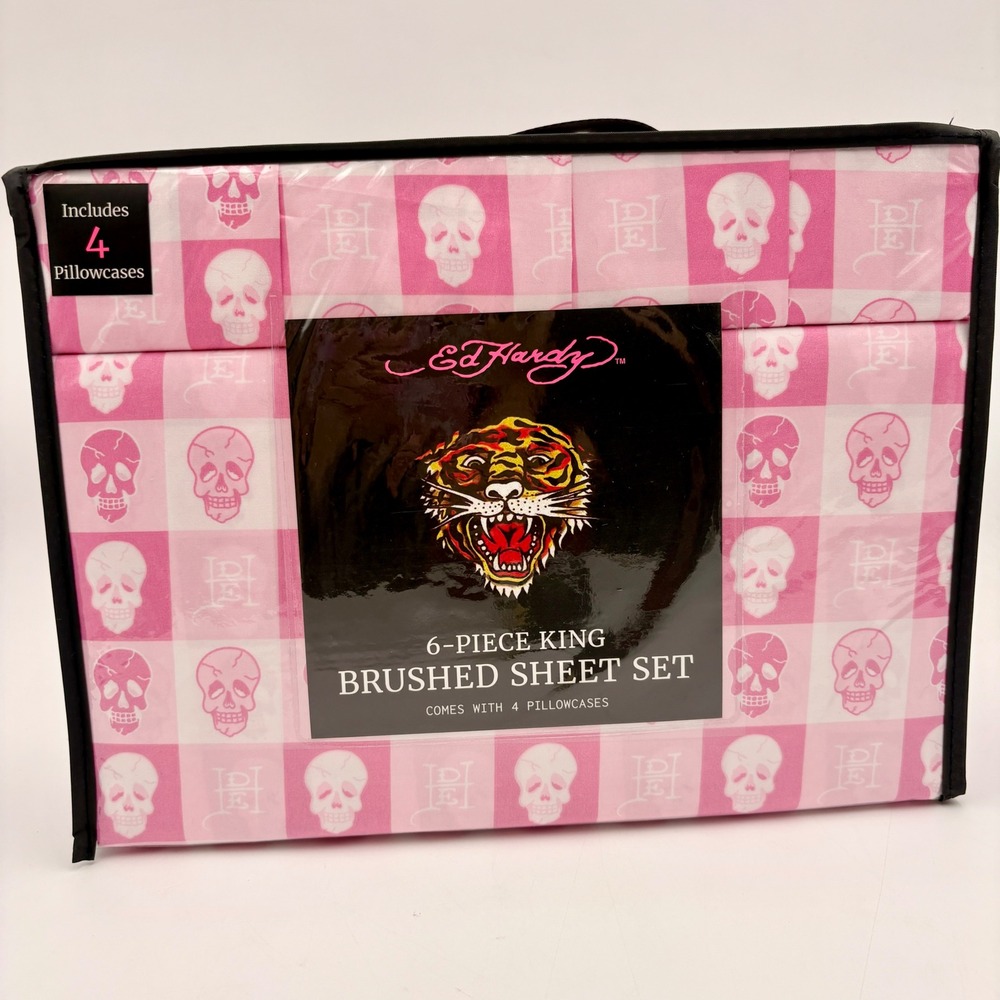 Ed Hardy 6 Piece King Brushed‎ Sheet Set Pink Skulls Tiger Print